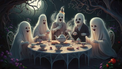 A whimsical ghostly tea party in an overgrown garden, with cobweb-covered tables, vintage tea cups, floating pastries, and friendly ghosts in old-fashioned attire under soft, eerie moonlit shadows