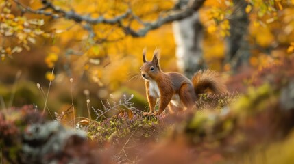 beautiful squirrel in the middle of the forest with an autumn view
