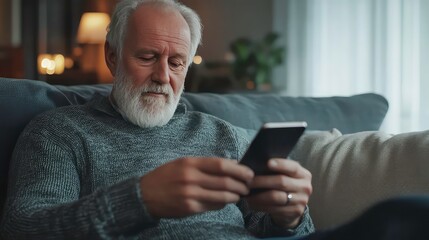 An elderly man with a white beard sits on a couch, looking at a smartphone. He is wearing a gray sweater. The room is dimly lit, and there is a lamp in the background.
