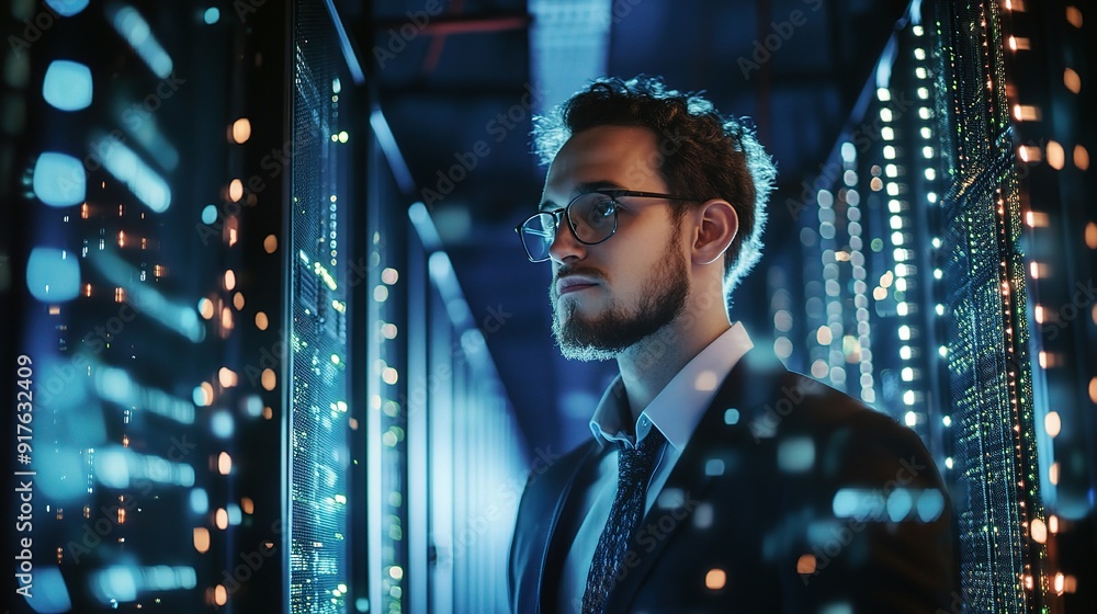 Poster navigating the digital labyrinth: a focused it professional in a server room, surrounded by the glow