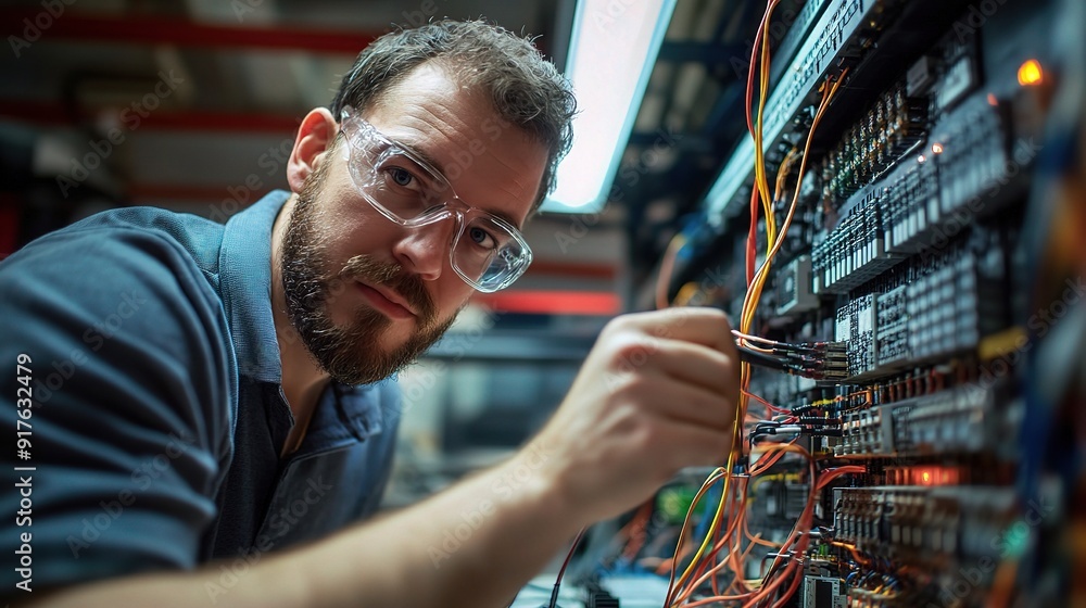 Poster network engineer at work: a focused technician meticulously connects cables in a server room, highli