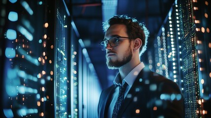 Navigating the Digital Labyrinth: A focused IT professional in a server room, surrounded by the glow of complex technology, contemplates solutions in the heart of the digital age. 