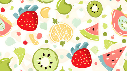 Seamless Watercolor Flat Lay Composition With Fresh Fruits With Leaves a Vibrant Pattern on a Plain Background Print for Textile, Packaging, Banner, Decor, Wrap, Fashion, Accessories, Web, Social.