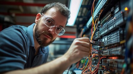 Network Engineer at Work: A focused technician meticulously connects cables in a server room, highlighting the complexity of modern technology. 