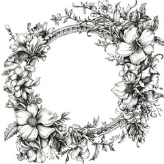 A black and white drawing of a floral arrangement with flowers and leaves,
