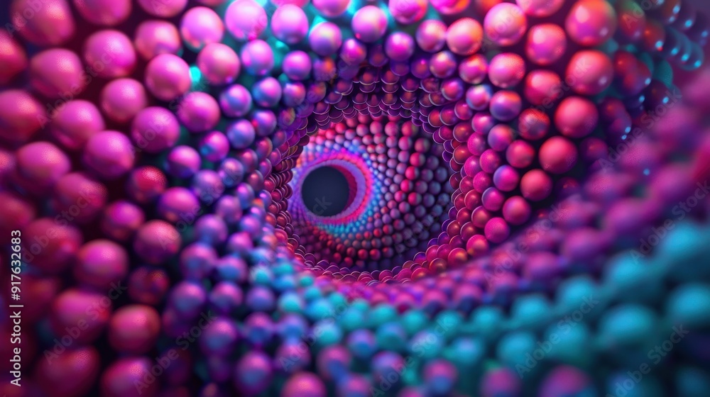 Poster a mesmerizing tunnel of vibrant spheres, showcasing a blend of deep colors and depth, perfect for ab