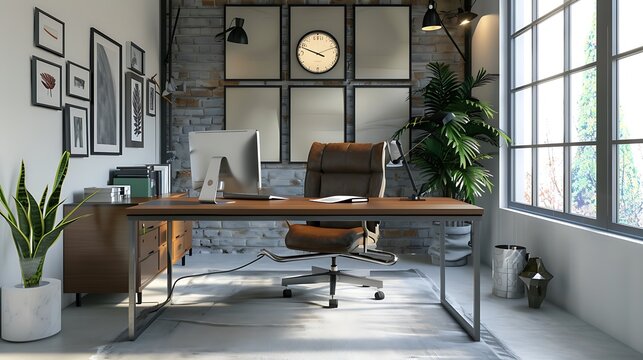 A sophisticated home office with sleek, modern furniture and a professional, industrial vibe