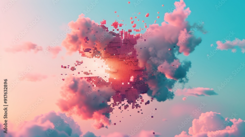 Poster surreal image of a vibrant pink cloud exploding in the sky with scattered fragments during a beautif