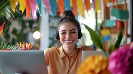 Remote Work Fiesta: Joyful woman in headphones smiles brightly during a festive virtual meeting, surrounded by vibrant decorations and flowers. 