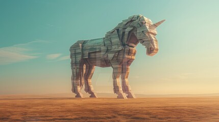 A fantastical wooden unicorn stands majestically against a serene landscape, blending nature and magic in stunning harmony.
