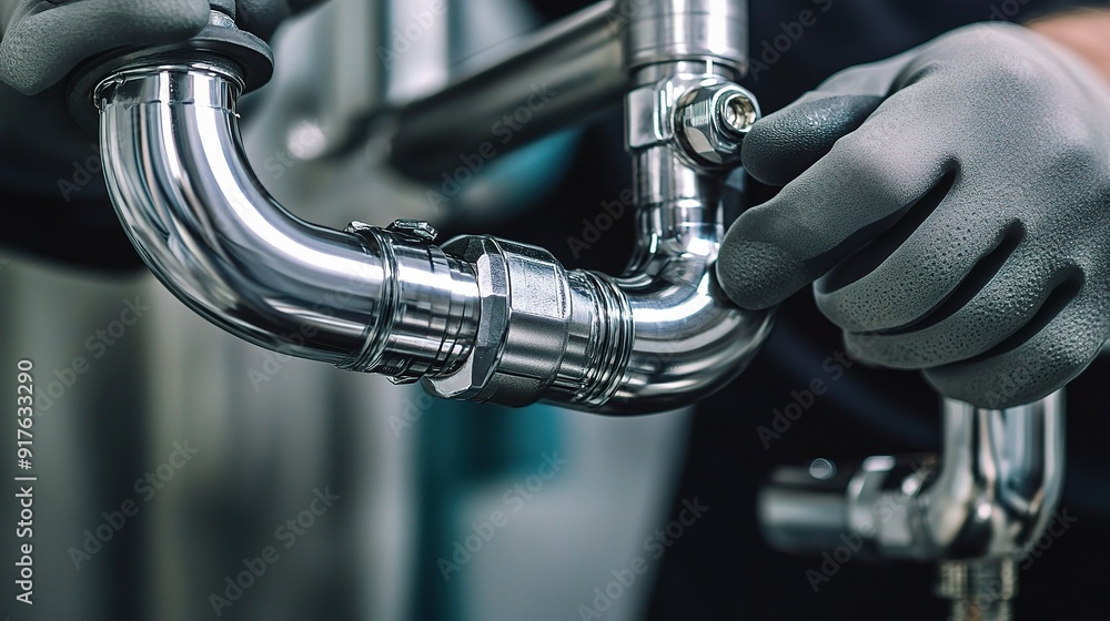 Poster close-up of a plumber's hands assembling a shiny metal pipe: a detailed image capturing the precisio