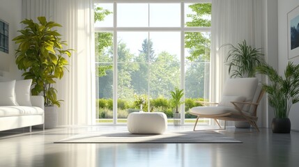 Fototapeta premium Bright interior design with modern furniture and summer view at the window. 3D illustration.