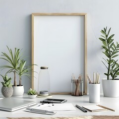 AI generated an empty frame hanging on a wooden top desk on white background,