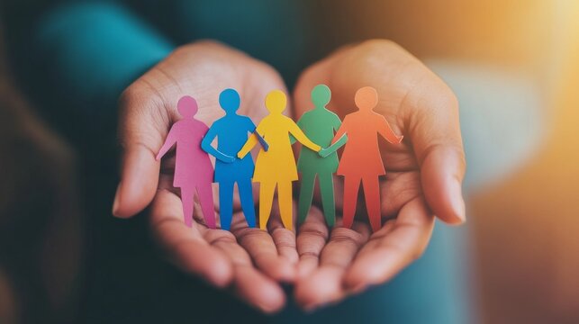 A close-up of one businesswoman's hands gently cradling figures of people, symbolizing unity, diversity, and inclusivity. Supportive and caring atmosphere.