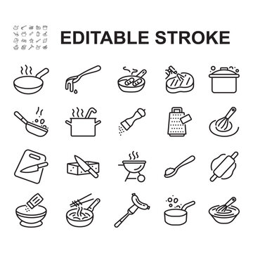 Collection of thin line style icons related to cooking. Contains icons such as frying, cutting and many more.