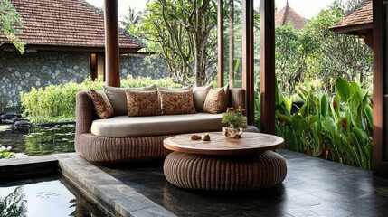 Obraz premium Chic rattan sofa with cushions and a small wooden table on the terrace of a resort room surrounded by gardens and a pond.
