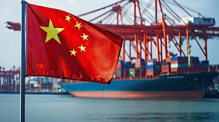 Chinese flag near port. Arrows of cranes from sea harbor Maritime logistics in China. Import of Chinese goods by sea. Export at China