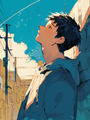 街で空を見上げる男性