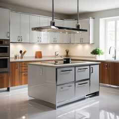 A sleek and modern modular kitchen with polished chrome fixtures