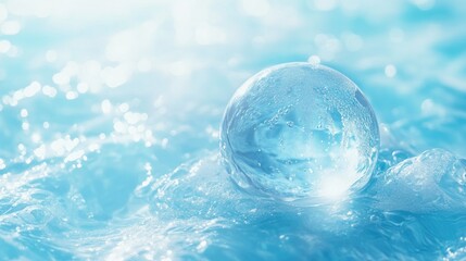 Clear pastel blue water surface sphere with water droplets and  Abstract nature background for product presentation. Flat lay cosmetic model.