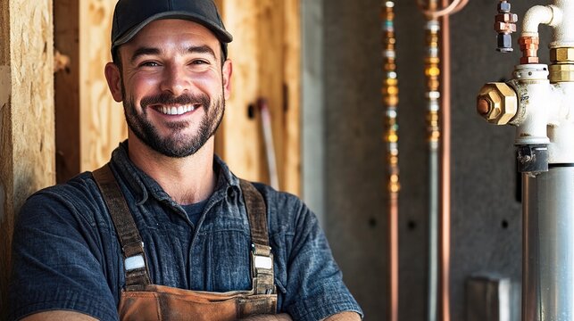 Confident Craftsman: A smiling plumber stands confidently in a construction setting, showcasing his expertise and dedication to his work.  