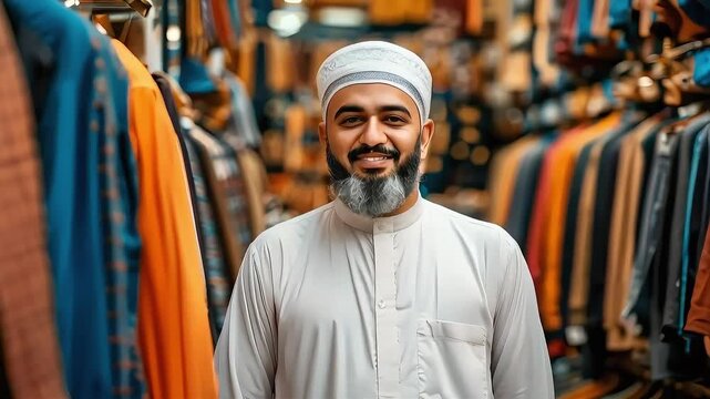 Smiling man in a white thobe standing in a clothing shop.