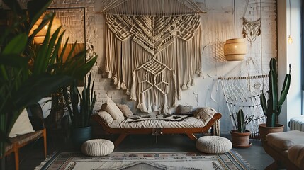 Intricately woman macrame wall hanging creating a bohemian atmosphere.