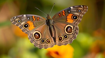 A striking common buckeye butterfly with bold, brown and orange wings, flying in a vibrant garden