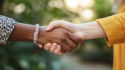 Handshake of Agreement: Two diverse hands, one light and one dark, meet in a handshake symbolizing partnership, trust, and mutual understanding. 