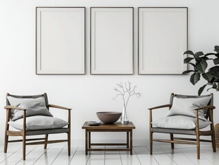 Empty Poster Trio: White Wall in Modern Apartment, Symmetrical Display, Creative Direction, Product Styling, Ideal for Product Photography.