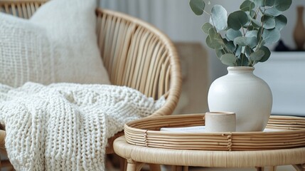 Obraz premium rattan furniture in cozy living room. Modern interior design in loft apartment. White knitted blanket on bamboo armchair. Side table with rattan tray and eucalyptus branches in ceramic vase