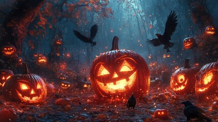 Fototapeta premium Spooky Halloween Forest with Glowing Jack-o'-Lanterns and Crows at Night