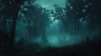 Obraz premium Mystical Foggy Forest Landscape at Dusk with Enchanting Trees and Blue Hues