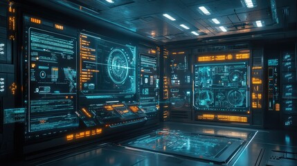 Futuristic Control Room with High-Tech Screens and Advanced Data Interfaces
