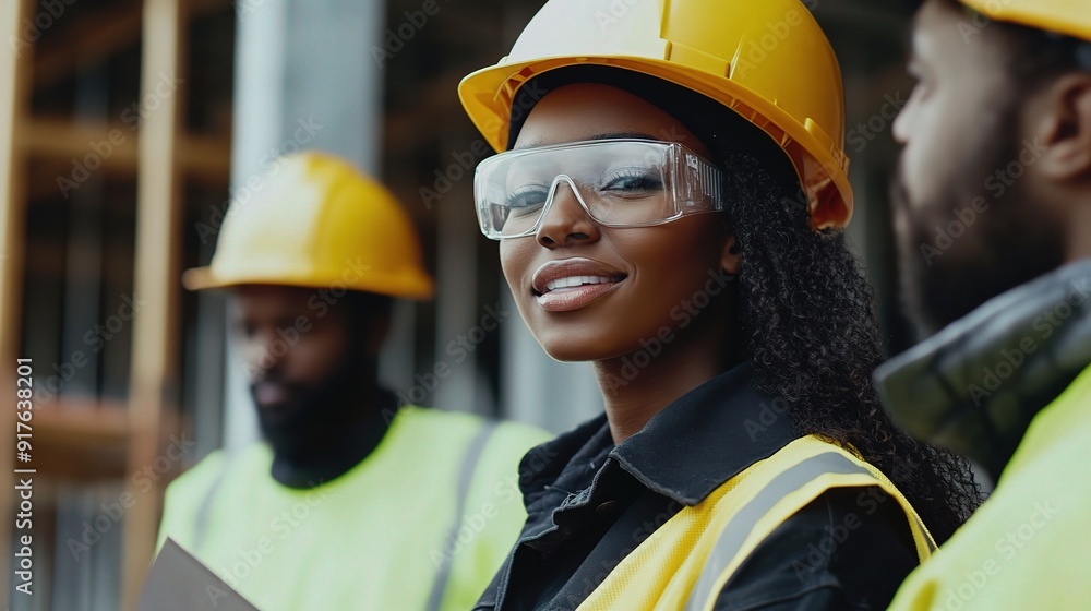 Canvas Prints Woman engineer collaborating with colleagues on a construction site, discussing plans