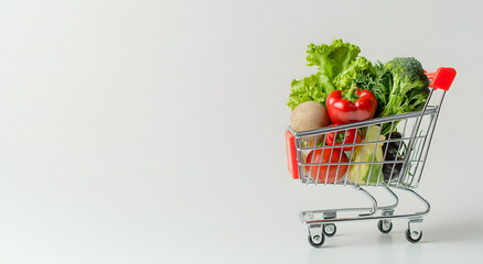 Supermarket Cart with Vegetables on a White Background