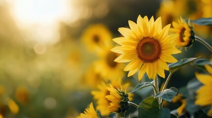 Obraz premium Bright Sunflowers in a Sunlit Field Captured During Golden Hour with a Soft Focus Background