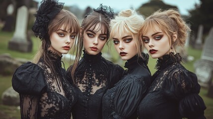 Gothic Fashion Models in Black Lace Dresses at the Cemetery