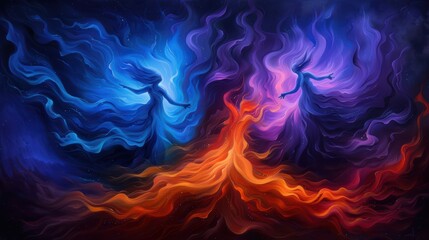 Abstract Digital Art of Ethereal Figures in Blue, Purple, and Orange Hues with Flowing Energy Patterns