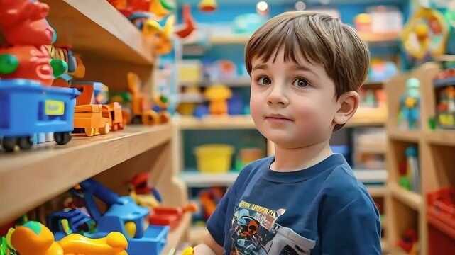 Young boy looking at colorful toys on shelves.
