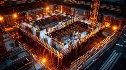 Fototapeta premium Nighttime Construction Site with Workers and Illuminated Steel Framework in Progress