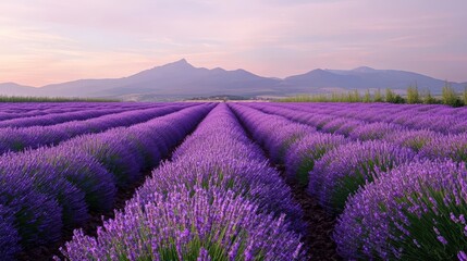 Obraz premium Stunning Lavender Field at Sunset with Majestic Mountain Range in the Background
