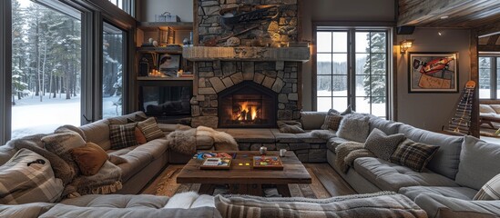 Cozy Cabin Living Room with Fireplace and Winter View