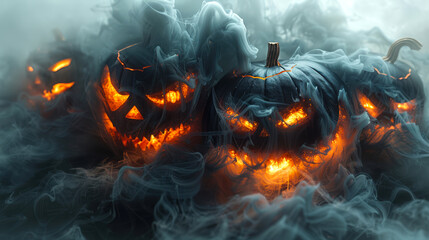 Fototapeta premium A night of horrors. Halloween concept. Scary creepy black pumpkins with burning faces in thick gray smoke