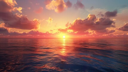 Fototapeta premium A fiery sunset paints the sky with vibrant hues as the sun dips below the horizon, casting a golden glow on the calm ocean.