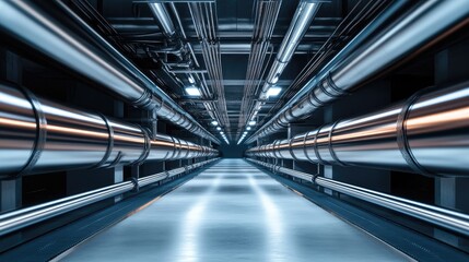 underground corridor with drainage system and metal pipelines for transporting water 