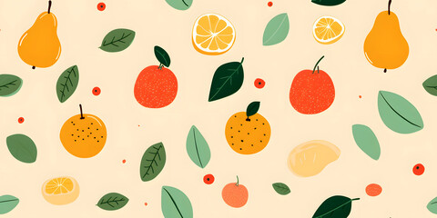 Seamless Watercolor Flat Lay Composition With Fresh Fruits With Leaves a Vibrant Pattern on a Yellow Background Print for Textile, Packaging, Banner, Decor, Wrap, Fashion, Accessories, Web, Social.