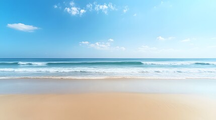 Serene Beachscape: Gentle Waves, Clear Blue Sky, and Soft White Sand Crafting a Tranquil, Spacious Seaside Atmosphere