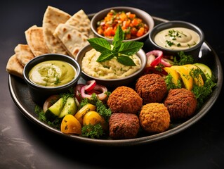 Falafel, Hummus, Pita Bread, and Salad on a Plate