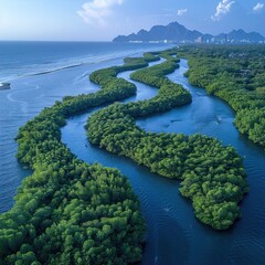 Aerial View of a Serene River Winding Through Lush Mangrove Forest